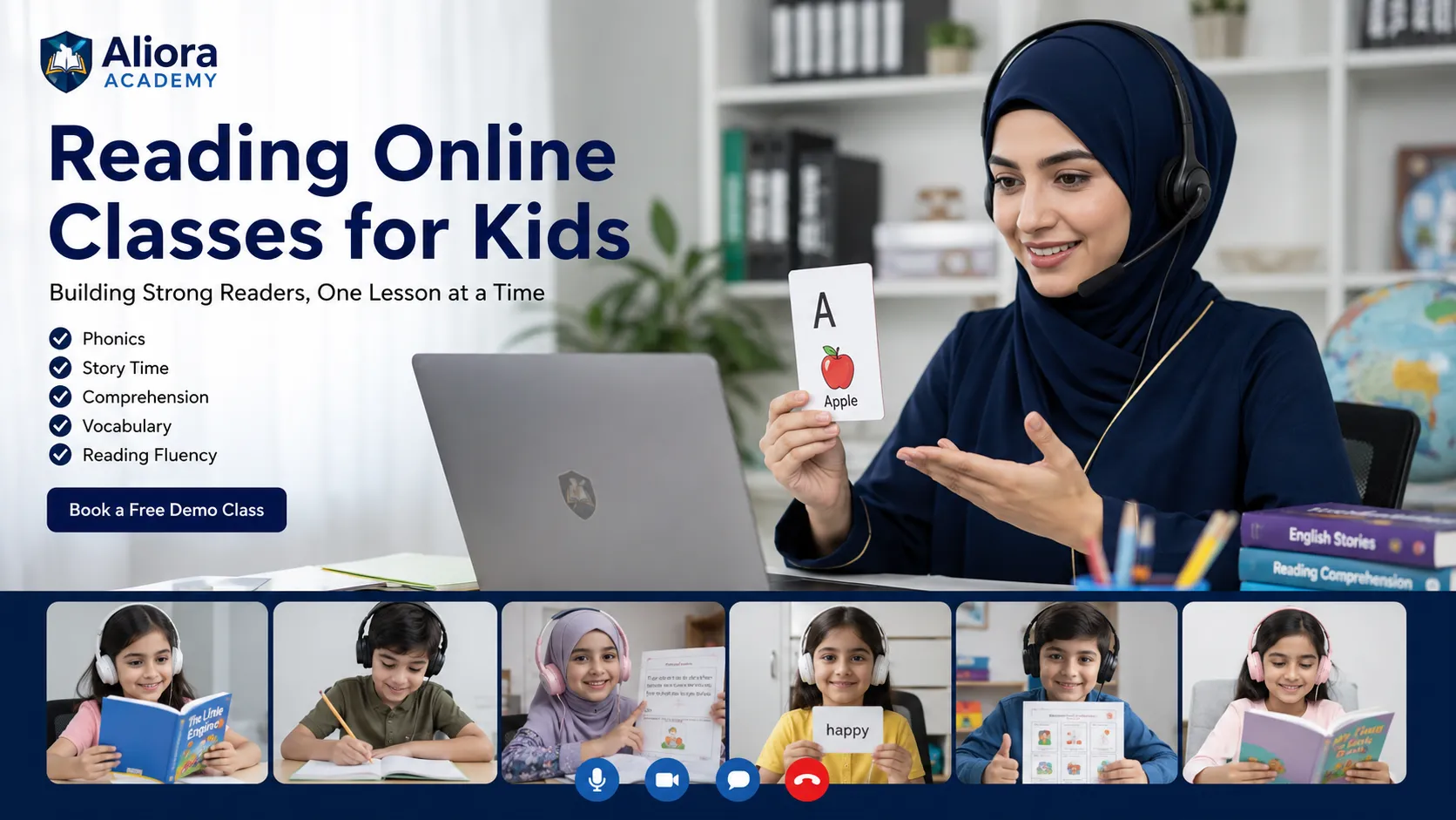 Professional instructor leading an interactive online reading class at Aliora Academy