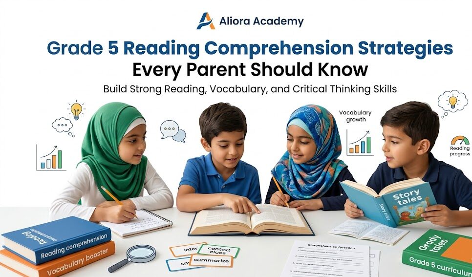 Parent helping child with grade 5 reading comprehension strategies at home