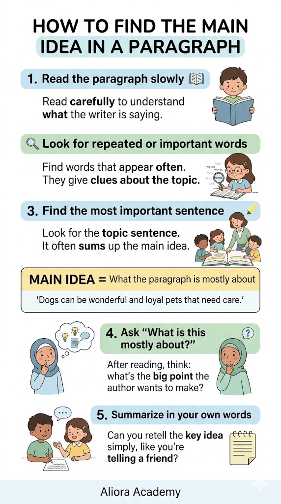 Child learning to find the main idea in a paragraph with parent support