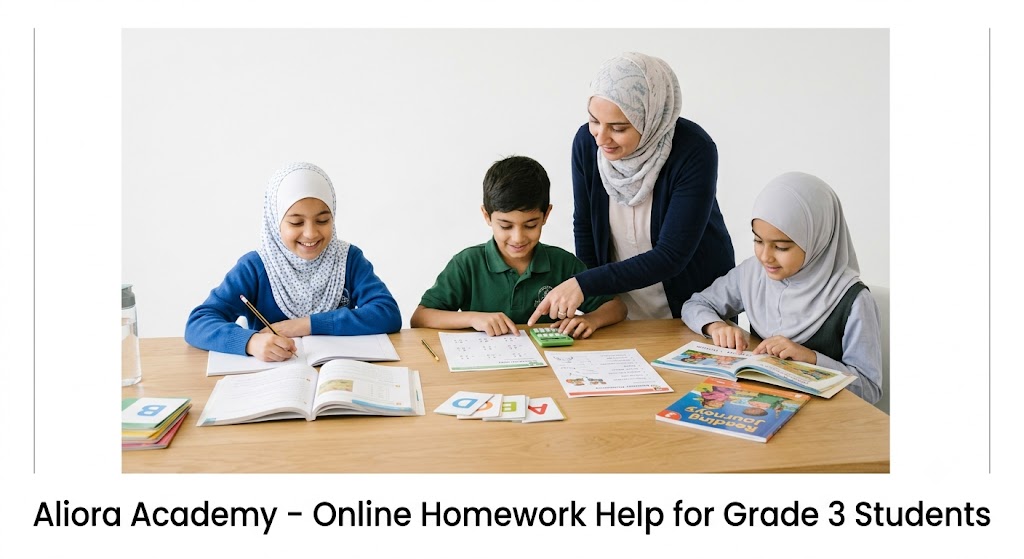 Parent helping child with online homework support for Grade 3