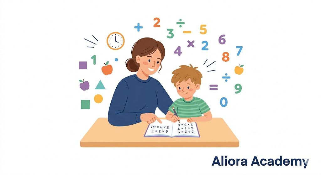 Parent guiding elementary school child to build a strong mathematics foundation with interactive tools