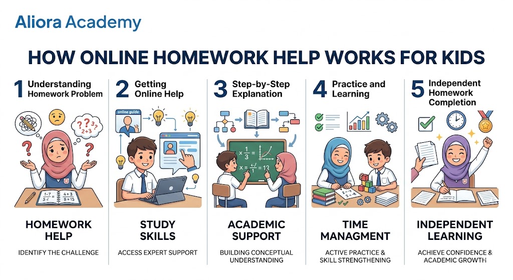 Child receiving online homework help with a parent nearby