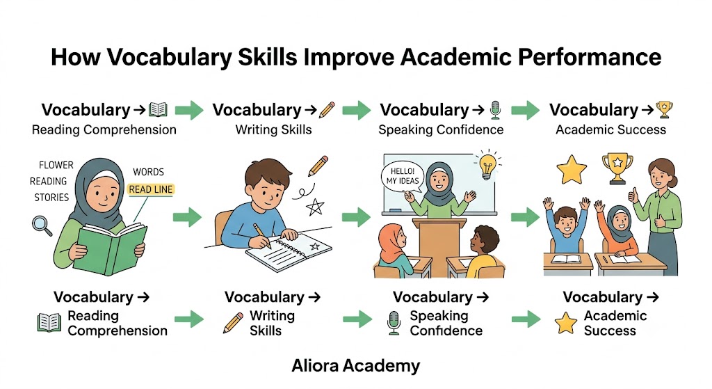 Child building strong vocabulary skills through reading and learning activities