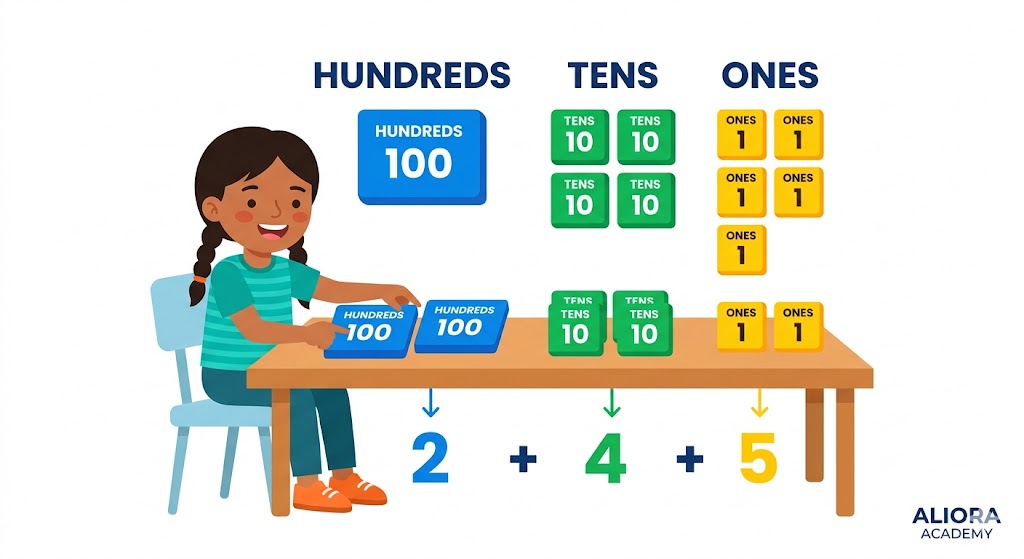 Grade 3 student learning mathematical place value configurations and numerical systems