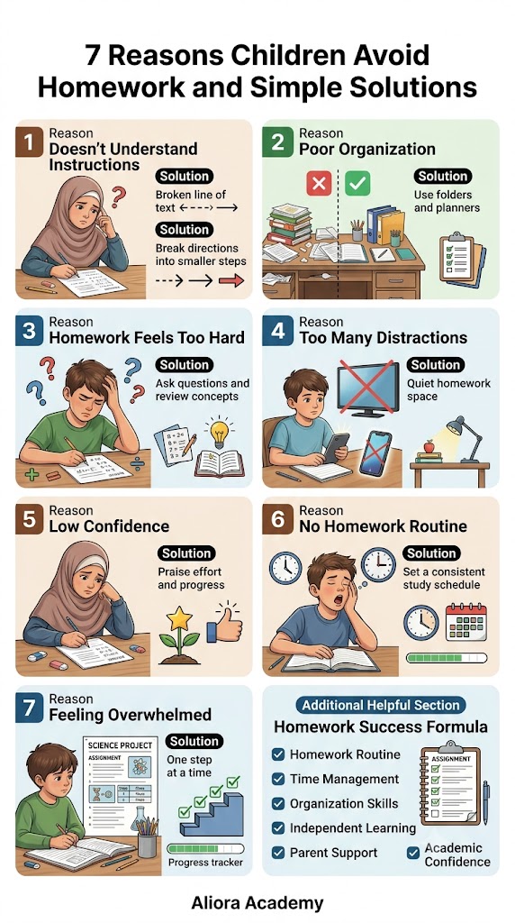 Child avoiding homework and parent seeking solutions